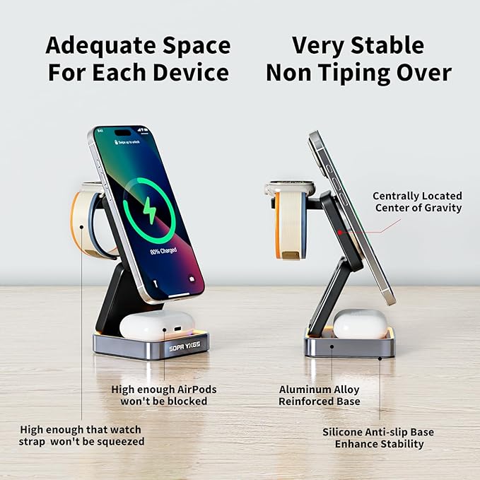 【2026 Upgraded】 Magnetic Wireless Charger 3 in 1, Foldable Charging Station with Night Light for Apple MagSafe Charger, Travel Charger Stand, Nightstand Fast 15W Charging Station (with Adapter)