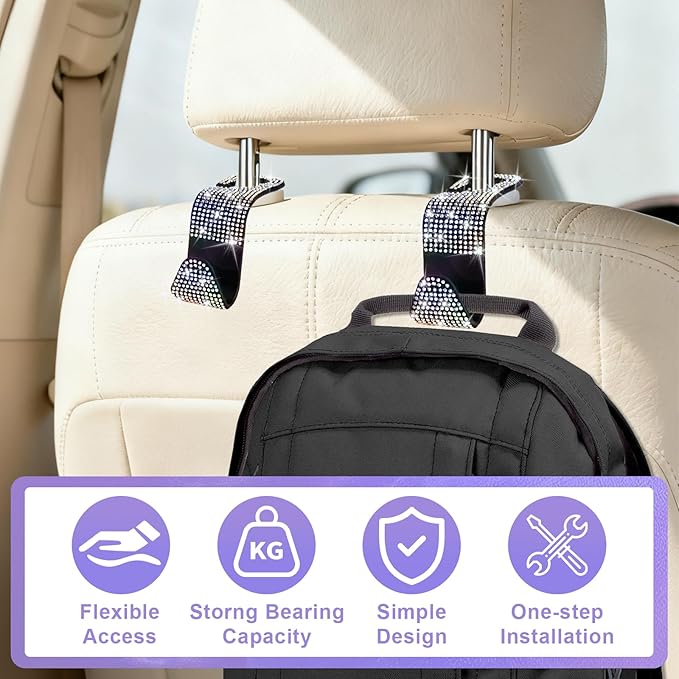 BFXM 6 Pack Bling Car Seat Headrest Hooks, Rhinestone Purse Hook for Car, Universal Storage Organizer for Handbag Grocery Bags Coats, Bling Car Accessories for Women (Bling Colorful)