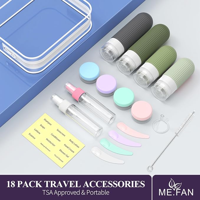 ME.FAN Travel Bottles for Toiletries,18 Pack Silicone Portable Size Bottle, TSA Approved Refillable Cosmetic Container Kits for Conditioner, Shampoo, Lotion,Face Cream - Desert Sage