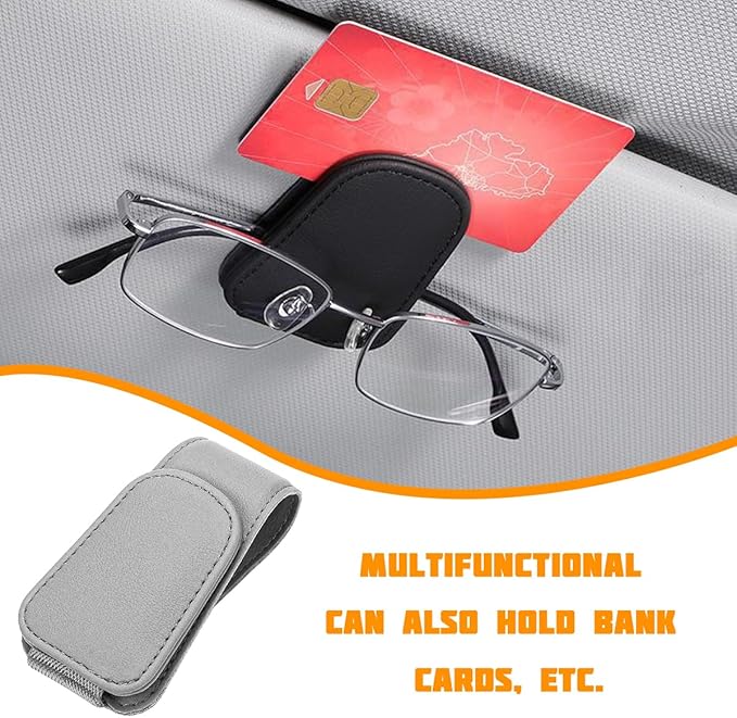 Sunglasses Holder for Car Visor, Microfiber Leather Magnetic Sun Visor Eyeglasses Hanger & Ticket Card Clip, Multi-Function Automotive Interior Glasses Mount, Universal Fit (Light Gray)