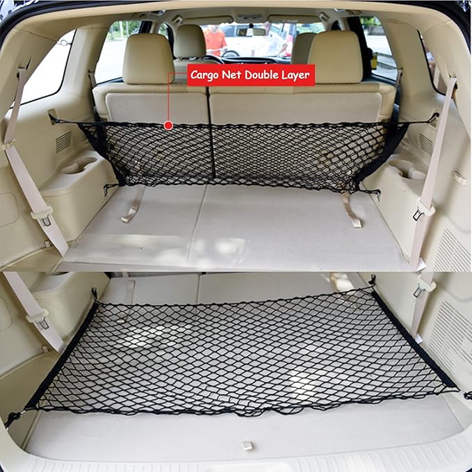 BetterJonny Elastic Trunk Cargo Net - Double Layer Universal Stretchable Car Cargo Net with Hook for SUV, Jeep, Truck (15.7x35.43 Inch)