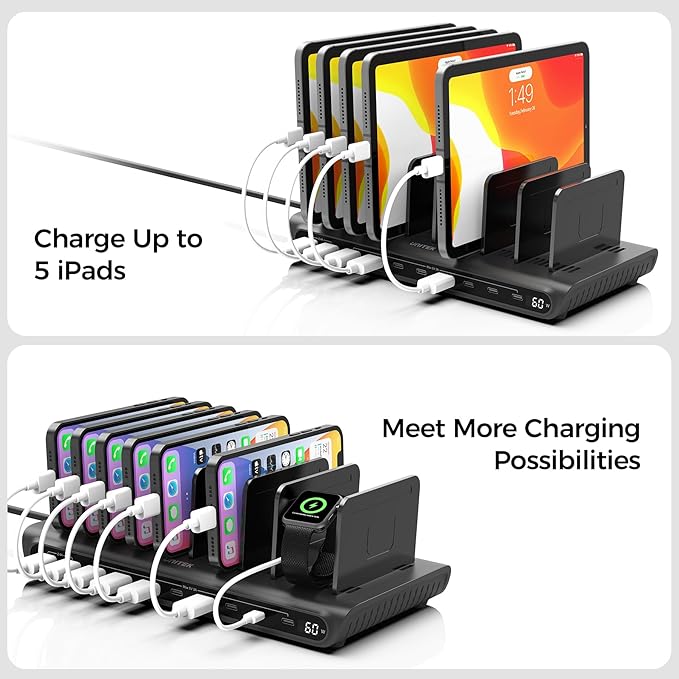 Unitek 10-Port Desktop Charging Dock Ultimate Charging Station for Multiple Devices, iPhones & Apple Products High-Speed USB Hub with LED Display for Office, Kitchen Counter, Desk Organizer