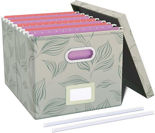 Oterri File Organizer with Lid, File Box, File Cabinet for Letter File Folder Storage, Hanging File Organizer for Office/Decor/Home,Document Organizer, 1 Pack,Leaf Gray-Box Only