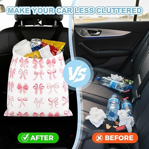 Cute Bow Car Trash Bag - Waterproof Car Trash Bag Hanging Leakproof Car Garbage Bag - Washable Reusable Trash Bag for Car Interior Hanging Organizer Storage Vehicle Travelling Camping
