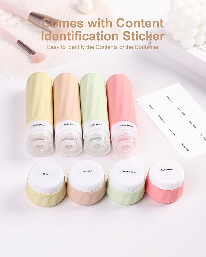 Mrsdry Travel Bottles for Toiletries 8 Pack, Travel Size Toiletries, Tsa Approved Travel Size Containers 3oz, with Travel Essentials Clear Bag, Leak Proof Silicone Squeezable Creams Jars
