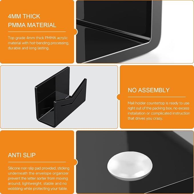 Beego Envelope and Mail Organizer Countertop - Black Acrylic Desk Organizer Letter Holder Desktop File Sorter Bill Document Folder Rack for Office, Home, School Desk Organization
