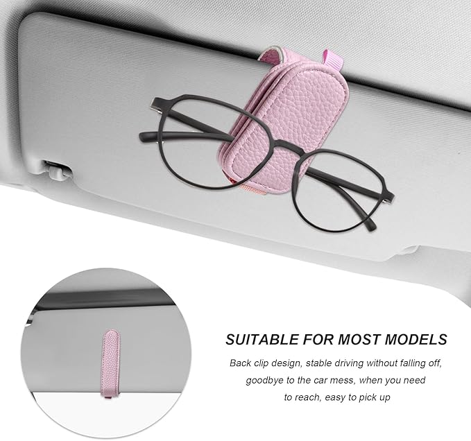 2 PCS Sunglasses Holders for Car Visor, Magnetic Leather Eyeglasses Hanger Mounter Ticket Card Clip, Auto Sun Visor Glasses Holder Business Card Organizer for Men Women (Pink)