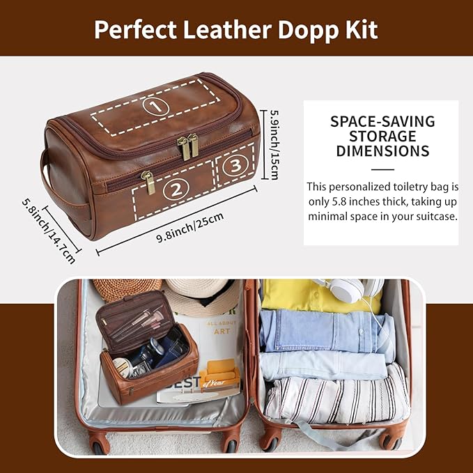 Personalized Leather Toiletry Bag for Men, Large Capacity Toiletry Travel Bag, PU Leather Waterproof Shaving Toiletry Bag, Travel Essentials Customized Gifts for Husband (Style 3)