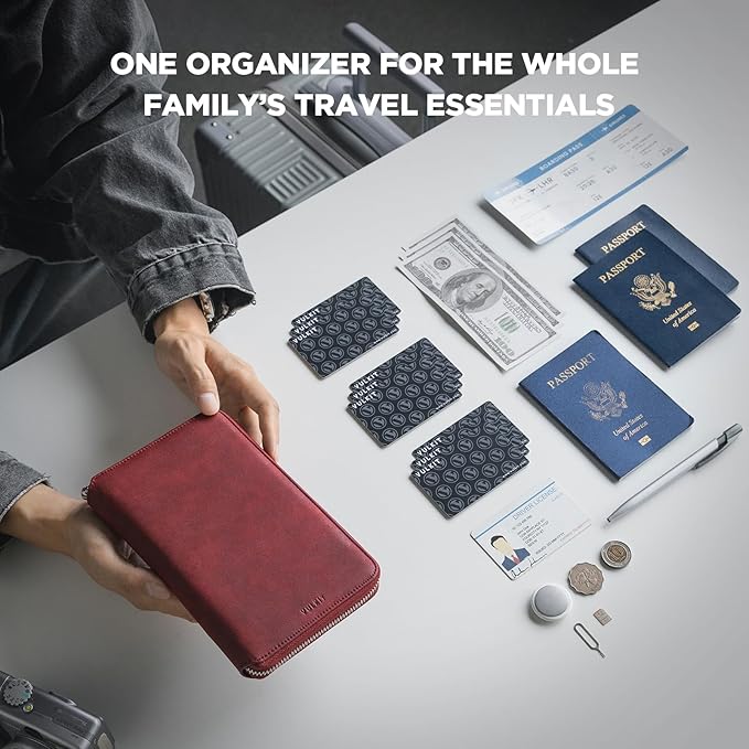VULKIT Passport Holder for Travel Family, Multiple Travel Document Holder Wallet for a Family of 3-4, RFID Blocking Passport Bag, Document Organizer Pouch for Credit Cards, ID, Sim Card, Cash, Coins