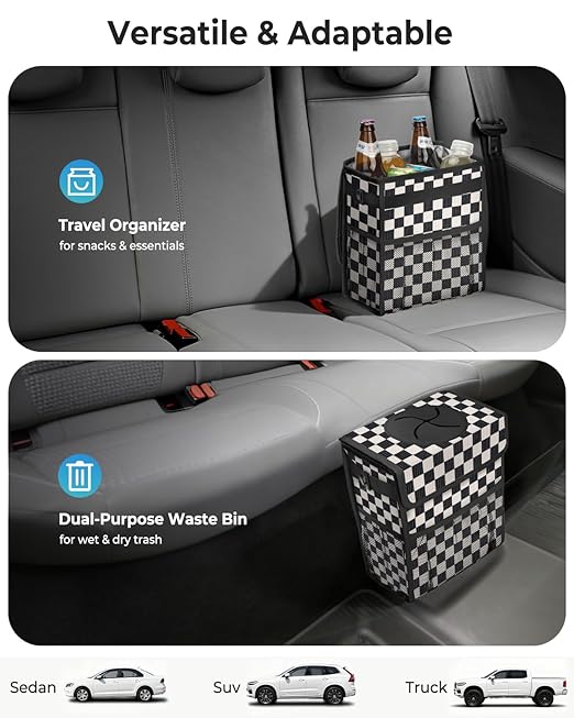 Corduroy Car Trash Can with Lid and Mesh Pockets - Leakproof Organizer,Multipurpose Waterproof Garbage Can/Trash Bin for Car(Black and White Check-3 Gallons)
