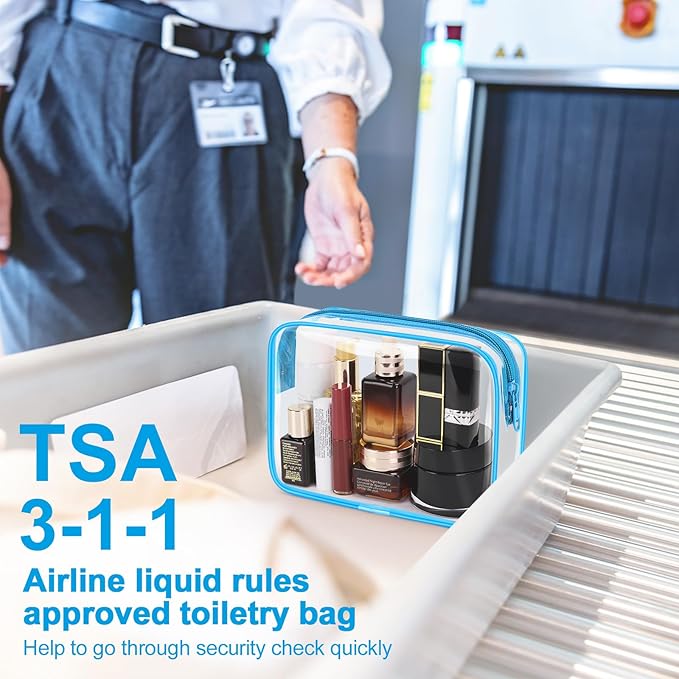Wedama TSA Approved Toiletry Bag, Cosmetic Bags 2 Pack with Zipper Carry on Airline Airport Travel Accessories, PVC Makeup Bags for Travel, Quart Size Travel Bags for Men and Women-Sky Blue
