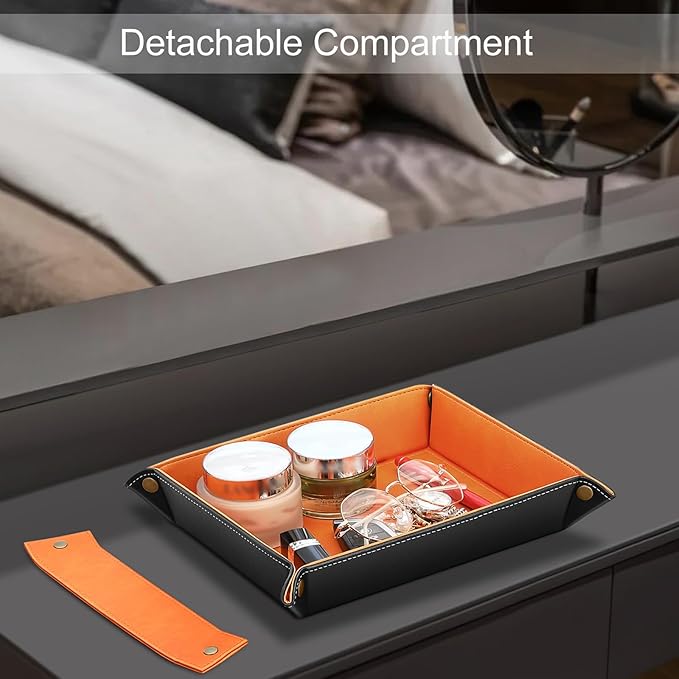 SITHON Valet Tray Desktop Storage Organizer, Removable 2 Compartments Catchall Tray Bedside Vanity Nightstand Caddy Holder Desk Storage Plate, Orange