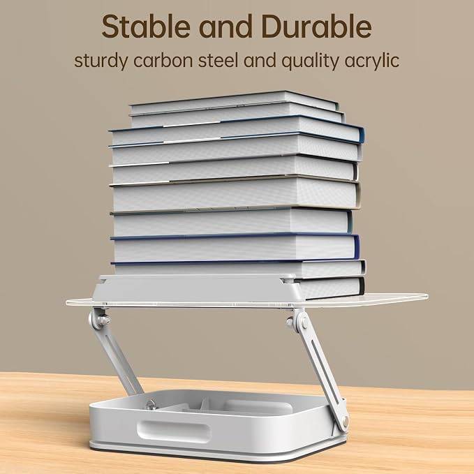 Bisofice Desktop Book Stand for Reading with Rotate Base Acylic Panel Page Clips Storage Compartments Foldable and Angle Adjustable for Laptop Holder Book Magazine Document Tablet (White)