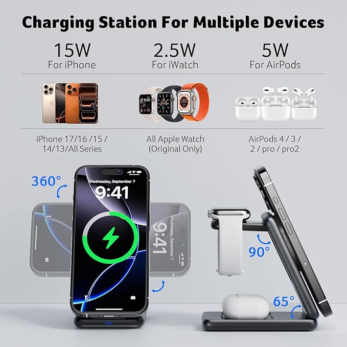 Acer 3 in 1 Charging Station for Apple Device, Magnetic Wireless Foldable Fast Charger Stand Compatible with MagSafe for iPhone, Apple Watch & AirPods, Foldable Charging Dock for Desk S3