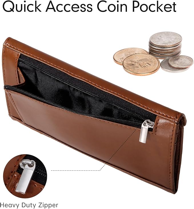 Leather Cash Envelope Wallet, RFID Blocking Card Organizer for Women, Reusable Coin Pouch, Coffee Brown