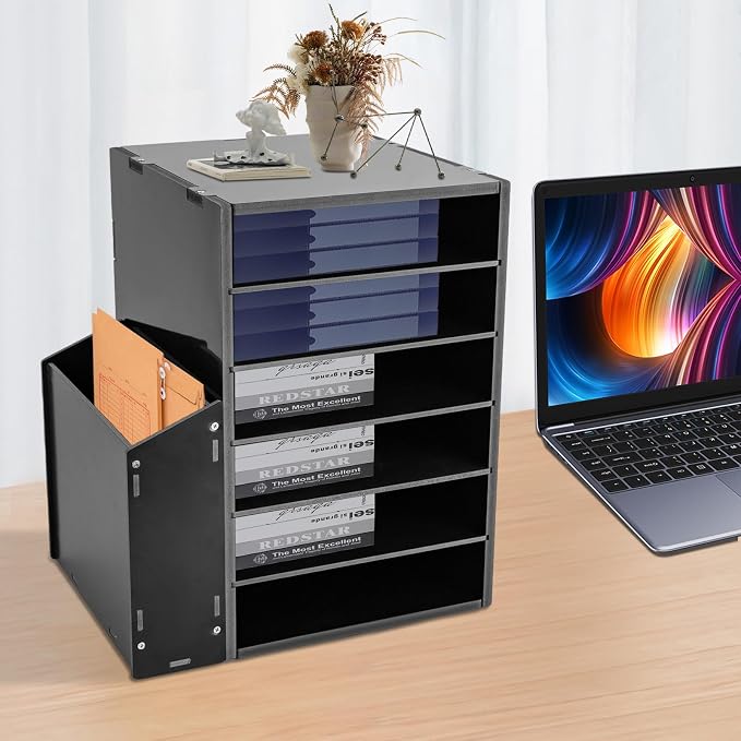 6-Tier File Organizer, 6 Slot Thick Board Desktop Mail Sorter w/Side Storage Cabinet, Adjustable Shelves File Sorter, Paper Organizer for Home School Office (Black, 6 Slot)