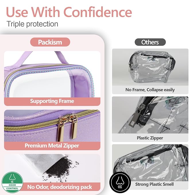PACKISM Glitter Texture TSA Approved Toiletry Bag Set, Style Clear Makeup Bag with Handle, 1 TSA Medium & 1 Large for Travel, Gift for Women, Purple