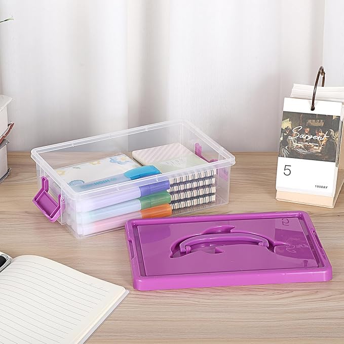 BTSKY 1-Pack Clear Plastic Storage Box with Lid, Stackable Organizer Featuring Easy-Lift Dolphin Design, Multi-Use Portable Container for Home, Craft, Office, Space-Saving with Secure-Clasp, Purple