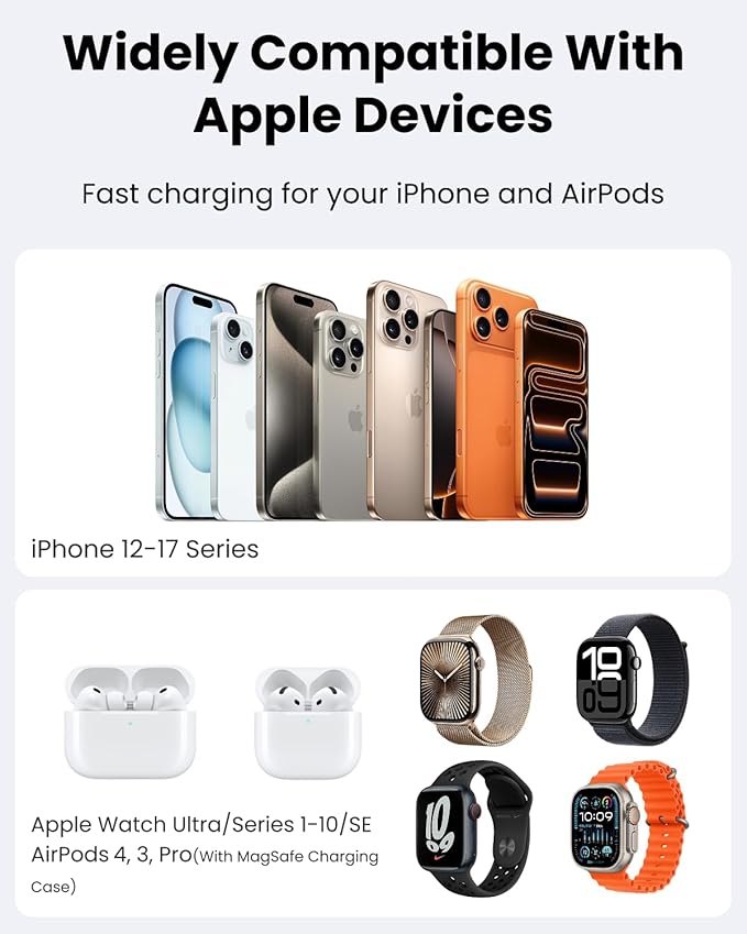 Gitryin Magnetic Wireless Charger Stand for Apple Devices, 3 in 1 Travel Charging Station, 15W Foldable Charging Dock for iPhone 17/16/15/14/13/12, Apple Watch Ultra, AirPods 4 3 Pro