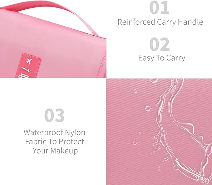 Large Capacity Toiletry Bag Travel Bag with Hanging Hook for Men and Women Waterproof Travel Cosmetic Bag Bathroom Storage Bag for Brushes Set, Full-Sized Shampoo,Accessories(Pink)