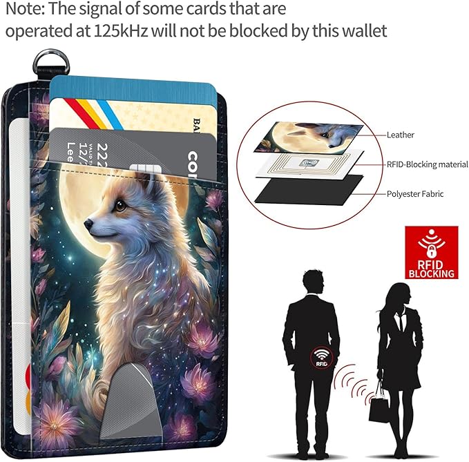 Slim RFID Blocking Card Holder Wallet with Wrist Strap - Minimalist Front Pocket Wallet, Fox Moon Design, PU Leathe, for Men & Women, Ideal for Travel & Gifts