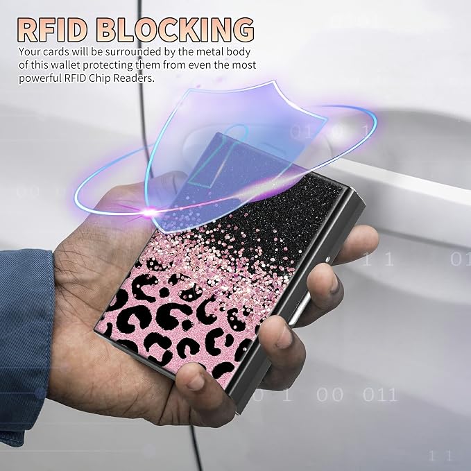 Slim Credit Card Holder, Pink Glitter Leopard RFID Blocking Metal Wallet for Men & Women, Aluminum Minimalist Hard Case Pocket-Sized Business Cards Organizer (Fits Up to 10 Cards)
