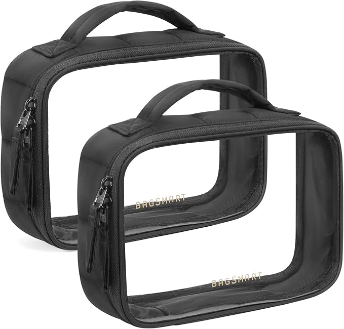 BAGSMART Clear TSA-Approved Toiletry Bag, Puffy Edges Travel Makeup Bag, Large Opening with Handle, Clear Cosmetic Bag with Double Zipper for Women (Black, 2Pack)