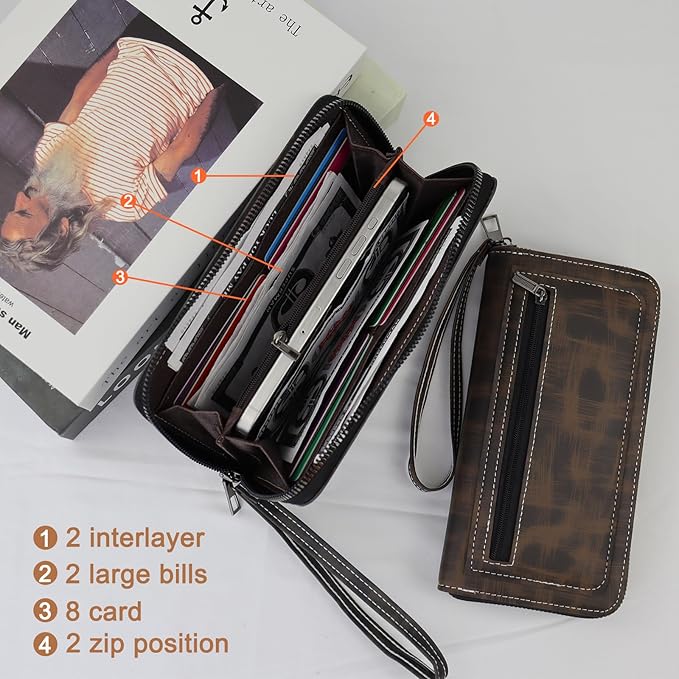 Long Wallets for Men, PU Leather Men's Wallets with Removable Wrist Strap, Multi Card Slot Mens, Zipper Wallets for Men with 8 Card Slots and Zip Coin Pocket (Grey)