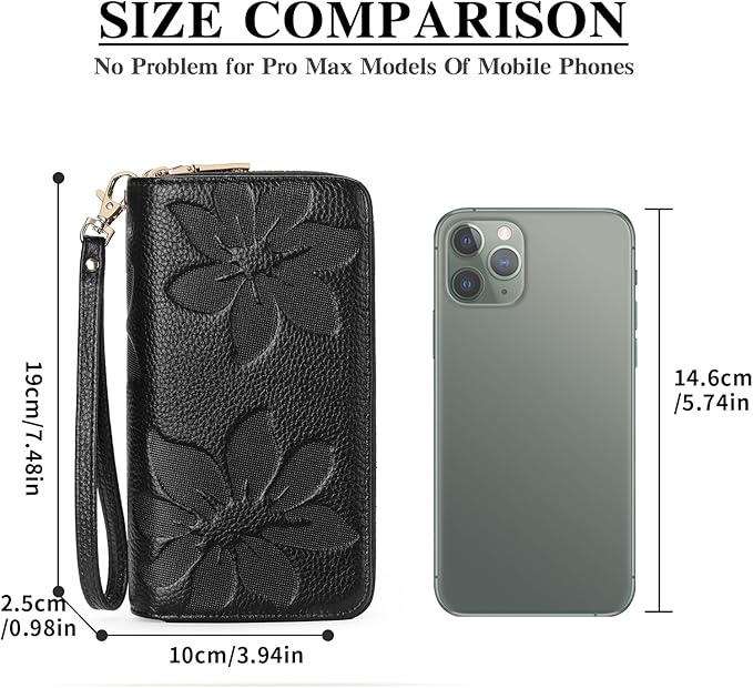 GOIACII Women's Wallet Large Capacity Double Zip Ladies Card Phone Holder RFID Blocking Wristlet Leather