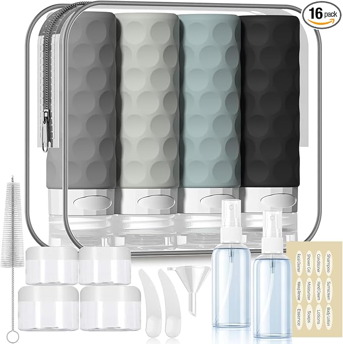 Silevoler 16pack Travel Bottles for Toiletries, TSA Approved Travel Size Containers Set, Leak Proof Refillable Liquid & Creams Toiletries Accessories Kit W/Toiletry Bag (Gray)
