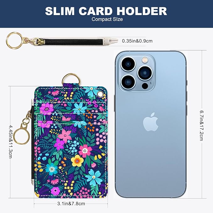 Slim Wallet Credit Card Holder, Purple Floral Print X, RFID Wallet Women Cute Small Front Pocket Wallet With Zipper, PU Leather Thin travel RFID Blocking Card Case ID Window,Ladies Gifts