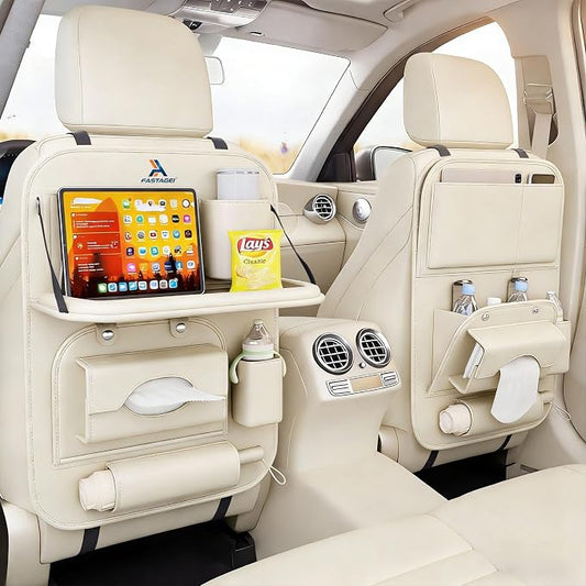2 Pack Universal Premium Leather Foldable Car Backseat Organizer with Table Tray, Car Seat Back Protector with Garbage Bag Touch Screen Pad Holder, Car Kick Mats with Tissue Box (Beige)