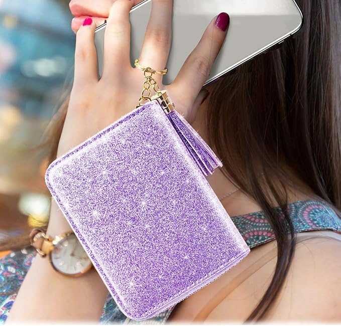 Coco Rossi Small Credit Card Wallet RFID Glitter Cute Accordion Card Holder with Zipper for Women