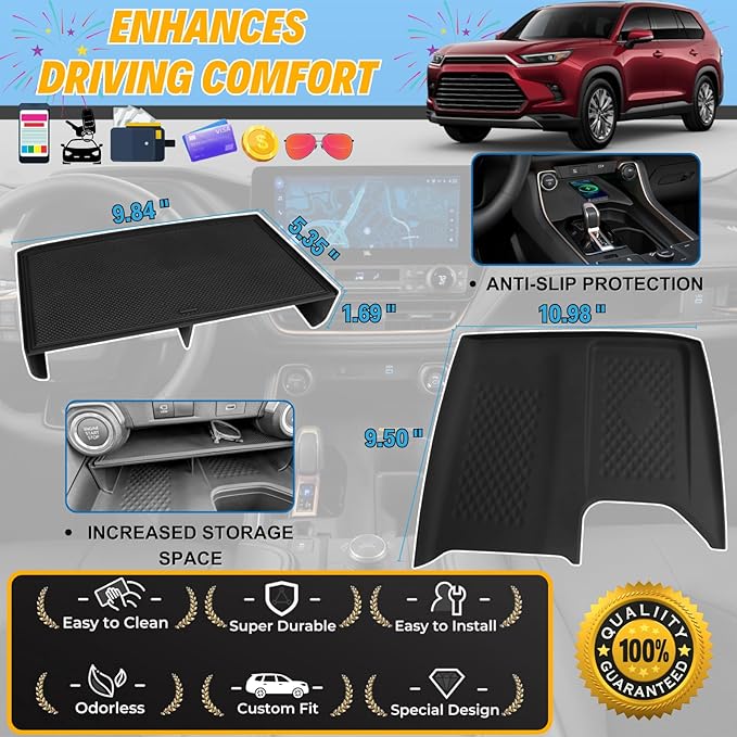 2Pcs Center Console Accessories for Toyota 2026 2025 2024 Grand Highlander Console Organizer Storage & Wireless Charging Anti-Slip Mat Protector Interior
