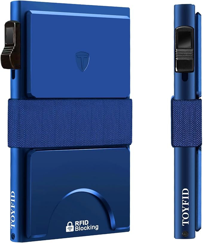 TOYFID Slim Wallet for Men Aluminum Minimalist Pop Up Card Holder with RFID Blocking Protection Expandable Backplate Cash Band for Boyfriend/Dad/Friend,Holds 12+ Credit Card & Business Cards,Blue
