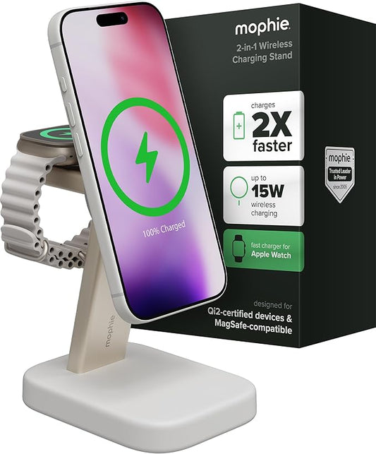 Mophie 2-in-1 Wireless Charging Stand - Qi2-Certified, MagSafe Charger for iPhone & Apple Watch – Fast Charging Station with Adjustable Phone Stand & Cable Management – Up to 15W Power