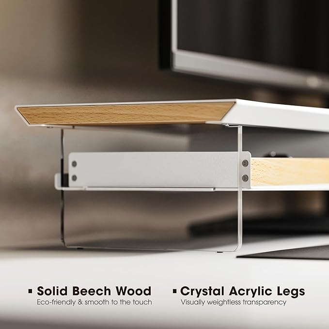 Fenge 42.5??Dual Monitor Stand with 2 Drawers, Metal Wood Monitor Riser with Acrylic Legs, 2-Tier Desktop Shelf Storage Organizer for Computer, Laptop, Printer, TV, White