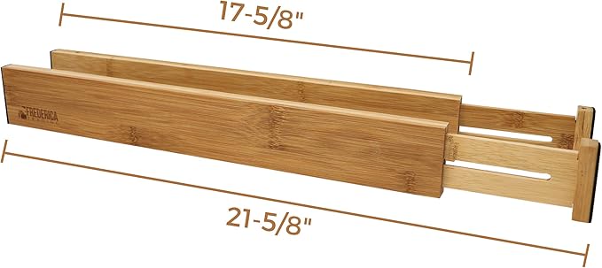 Bamboo Adjustable Drawer Divider Organizers - Spring Loaded, Stackable | Perfect for Kitchen Utensils, Silverware & Knife Drawer Dividers, Desk, Bathroom, and Dresser Drawer Organization (2-Pack)