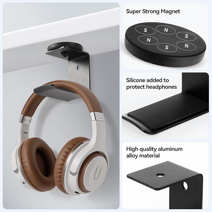 Magnetic Headphone Holder, Headset Hooks, Aluminum Headphone Hanger for Desk & Table, Headphone Mount Stand with Rubber Pad, Compatible with All Gaming Headsets (Black)