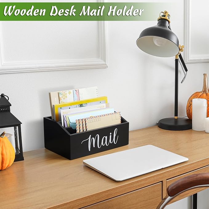 DRASTAR Mail Organizer Countertop, Mail Holder with 4 Slots, Wood Mail Sorter, Bill Organizer for Desk, Mail Storage Organizer for Home Office