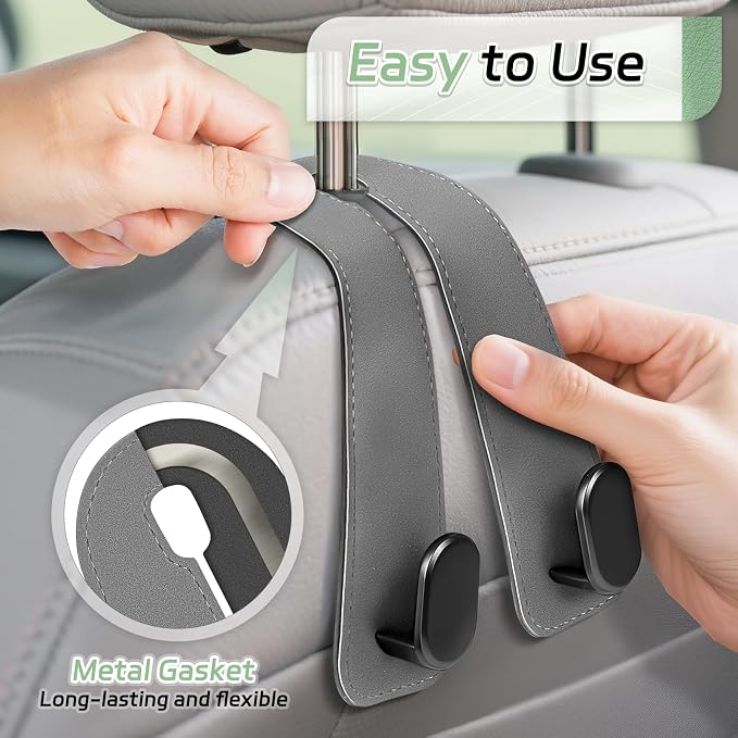 Car Seat Headrest Hooks - 2 Pack Universal Car Purse Hook, Leather Car Bag Purse Holder with Double Metal Hooks for Handbags, Grocery Bags, Bottles, Phones