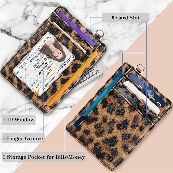 Coco Rossi Slim Front Pocket Wallet RFID Leather ID Card Holder Cute Small Wallet with Keychian for Women,Brown Leopard