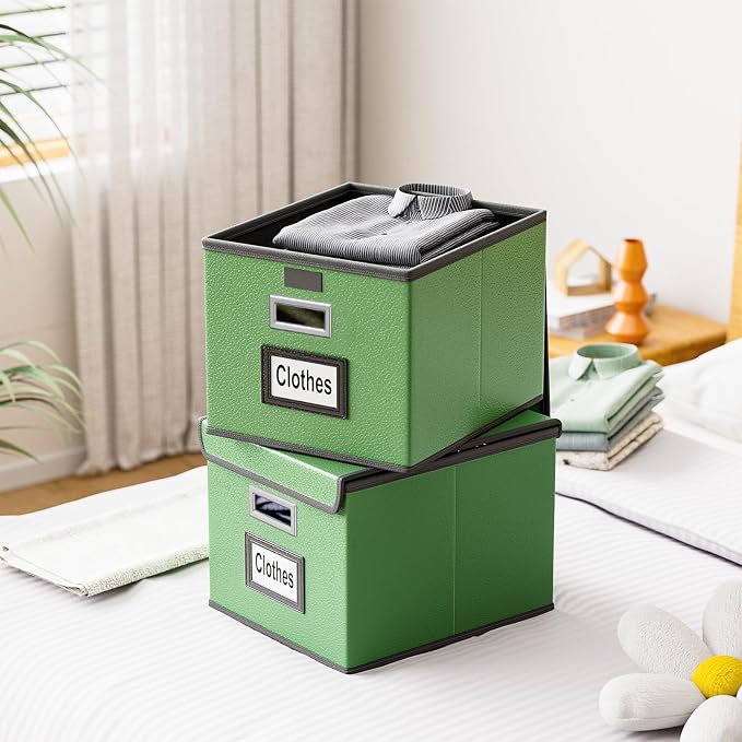 File Organizer Box with Lid, Collapsible Faux Leather Document Organizer, Hanging File Folder Box with Plastic Slide, Decorative Filing Boxes Cabinet for File and Folders Storage(Green)