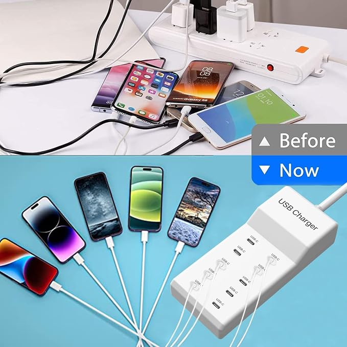 USB C Charger, 10 Ports USB Charging Station, 50W Multi-Port USBC Charger, USBC Desktop Multiple Charger for iPhone 16/15/14/13/12/iPad/Samsung S24/S23/Ultra/Z Flod/Watch/Headphones