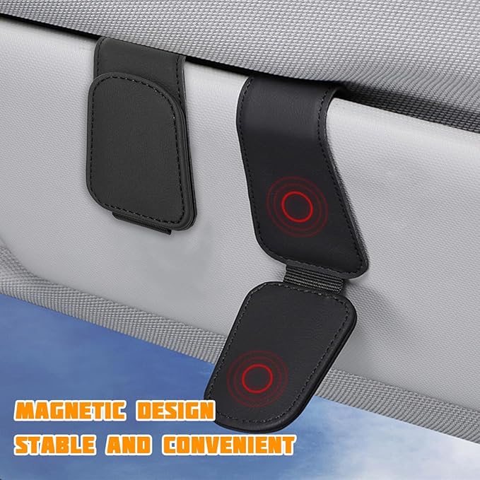 Sunglasses Holder for Car Visor, Microfiber Leather Magnetic Sun Visor Eyeglasses Hanger & Ticket Card Clip, Multi-Function Automotive Interior Glasses Mount, Universal Fit (Black)