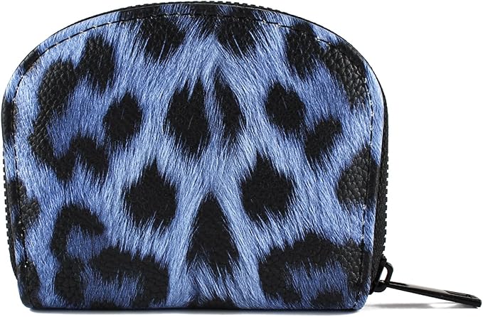 Small Zip Wallet Credit Card Wallet Coin change case Holder for women PU Leather(Navy Leopard)