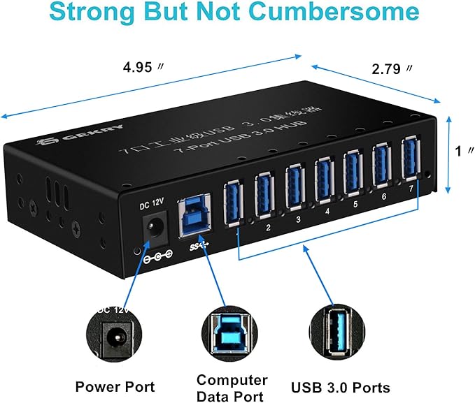 USB 3.0 Hub, USB Data Hub, Metal Case Mountable 7-Port Powered USB Hub 3.0 with 36W AC Adapter-Type A