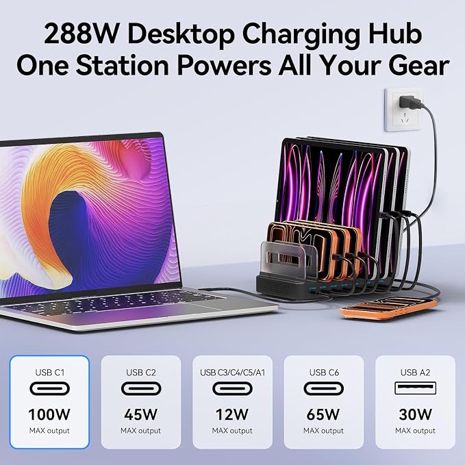 288W GaN 8-Port USB Charging Station, Retractable Cable with Cooling Fan & Detachable Organizer for MacBook, iPhone, iPad, Samsung, Laptop, Tablet - Black