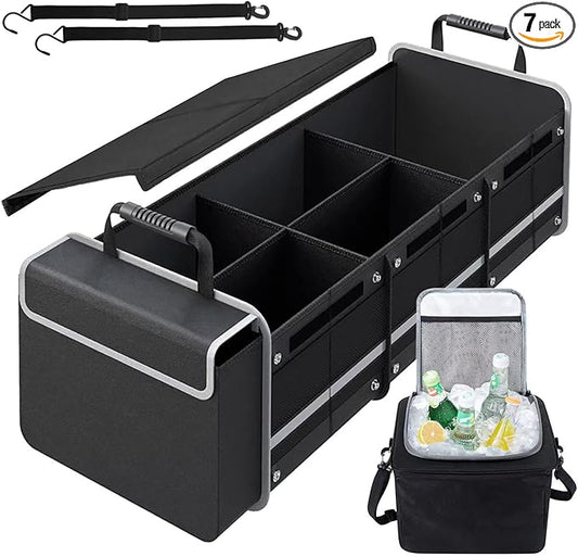 AOPHY Car Trunk Organizer with Insulated Cooler Bag, Foldable & Waterproof Storage Organizer with Lid for SUV, Truck, Sedan - 4 Large Adjustable Compartments, Heavy Duty & Collapsible Design