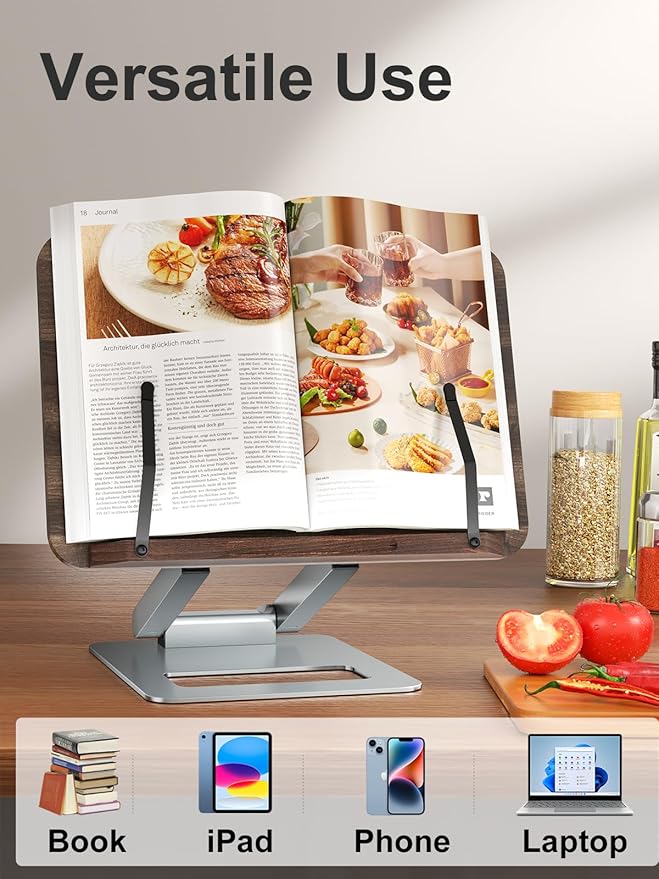 Tounee Book Stand for Reading, Telescopic Book Holder, Adjustable Height Pull Out Design Ergonomic Cookbook Stand with Elastic Page Clips Fits All Books